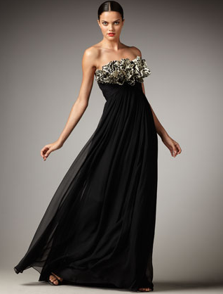 Ruffle-Bodice Strapless Gown